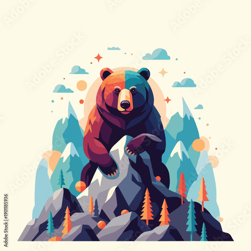 Colorful Bear Standing on Rocky Mountain Peak.