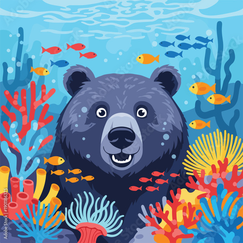 Colorful Cartoon Bear Underwater Scene Illustration.