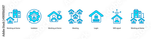 Remote Work Life web banner vector illustration featuring Working at Home, Isolation, Working at Home, Meeting, Login, Wifi signal, and Working at Home.
