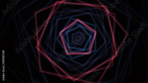 A vibrant, abstract geometric design with swirling lines in red and blue on a black background