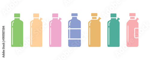 Colorful, simple icons showing a rectangular bottle for beverages against a white backdrop