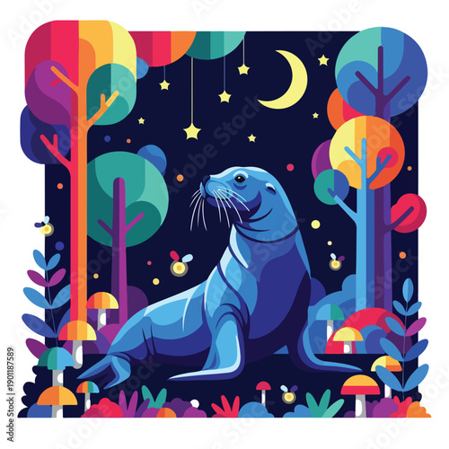 Blue Seal in Whimsical Night Scene.