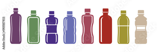 A series of colorful and uncomplicated icons of a rectangular bottle for drinks set on a white background

