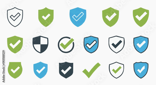 Collection of checkmark and shield icons in various colors and styles displayed on a clean background