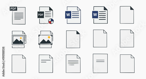 Collection of various file icons, document types, and media files displayed in a grid layout
