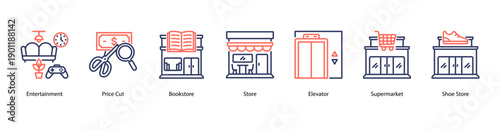 Retail Stores web banner vector illustration featuring Entertainment, Price Cut, Bookstore, Store, Elevator, Supermarket, and Shoe Store.