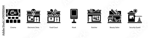 Food and Facilities web banner vector illustration featuring Cinema, Electronic Store, Food Court, Kiosk, Butcher, Beauty Salon, and Security Guard.