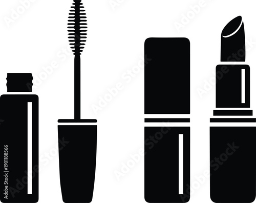 black and white vector silhouette icons of mascara and lipstick beauty products