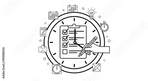 Time management concept with checklist clock and productivity icon in line art