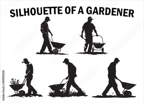 Gardening Worker Silhouette Set Man Pushing Wheelbarrow