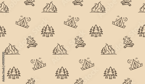 Camping doodle background. Doodle camping pattern background. Adventure seamless pattern background. Hiking hand drawn seamless pattern with tent, pine tree, mountain, and campfire.