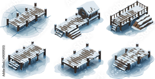 frozen wooden pier with snow