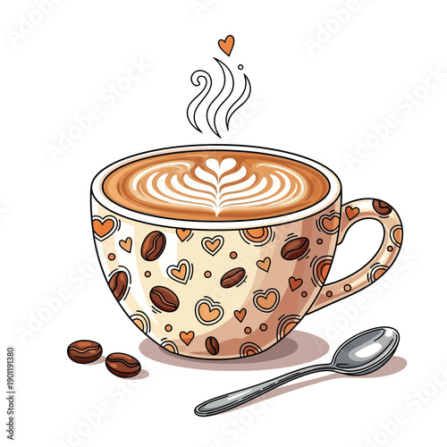 Steaming coffee cup with heart latte art and bean pattern a charming hand-drawn illustration for caf
