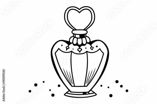 A black and white vector illustration of a perfume bottle with a heart-shaped stopper and decorative design