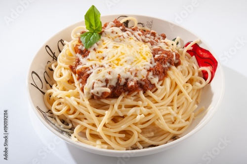 Spaghetti with yellow cheese and sauce