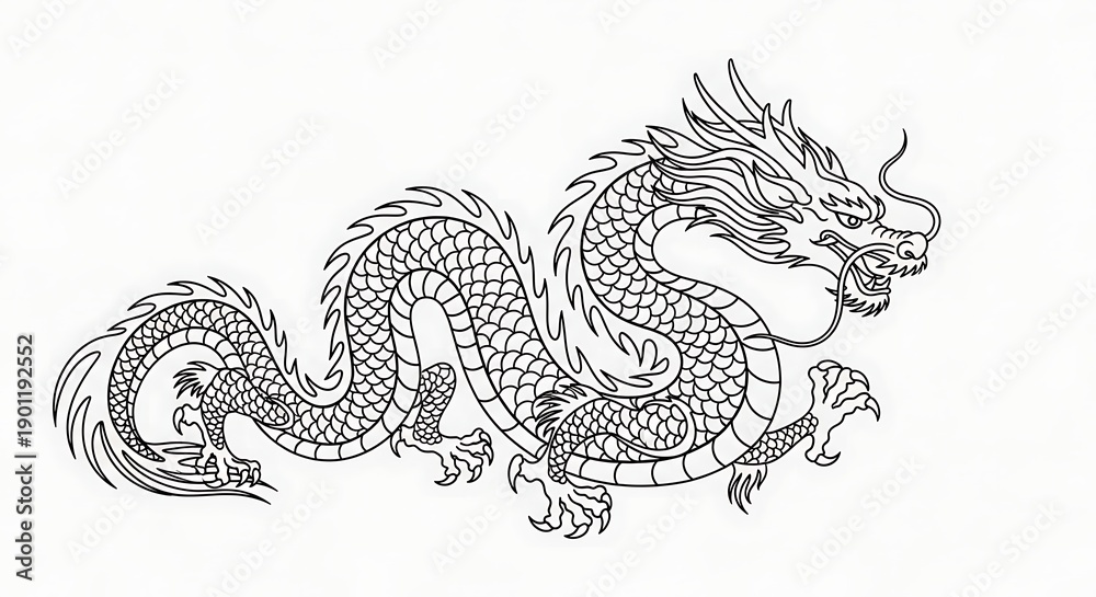 Fototapeta premium Detailed Dragon Illustration with Scales and Flames