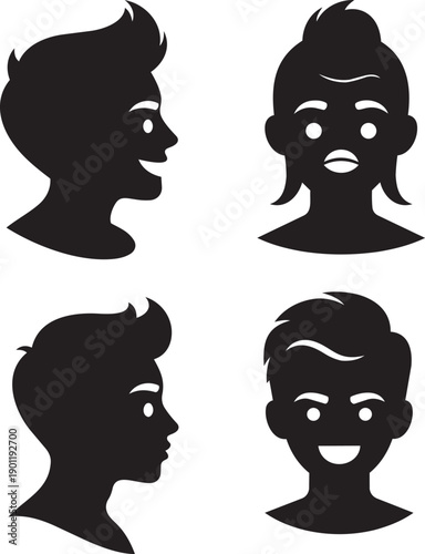 Four black silhouette profiles of people with different hairstyles and expressions