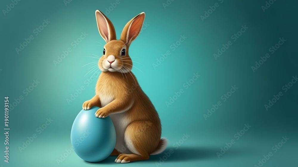 Fototapeta premium Easter bunny holding blue egg in teal background