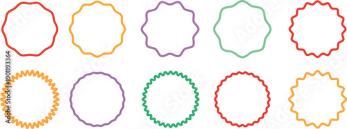 Set of Colorful Circular Scalloped and Wavy Border Frames. Decorative Round Ribbon Labels and Sunburst Badge Outlines for Stickers and Stationery Design