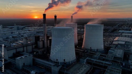 Industrial power plant with cooling towers emitting smoke at sunset, energy production in an industrial area