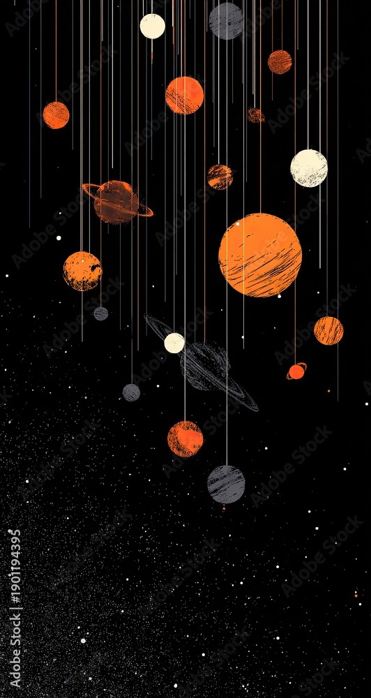 Fototapeta premium Abstract depiction of planets, moons, and stars against a black void