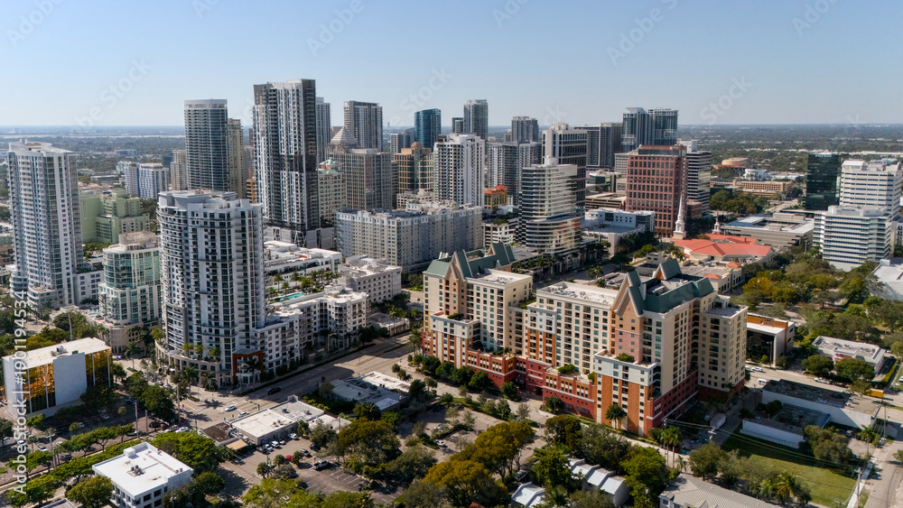 Naklejka premium Drone view of highrise towers in Fort Lauderdale downtown area