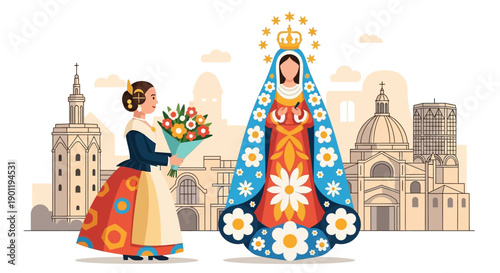A beautiful flat design illustration showcasing a Fallera in traditional attire making a flower offering during Las Fallas, contributing to the magnificent floral tapestry of the Virgin Mary. 