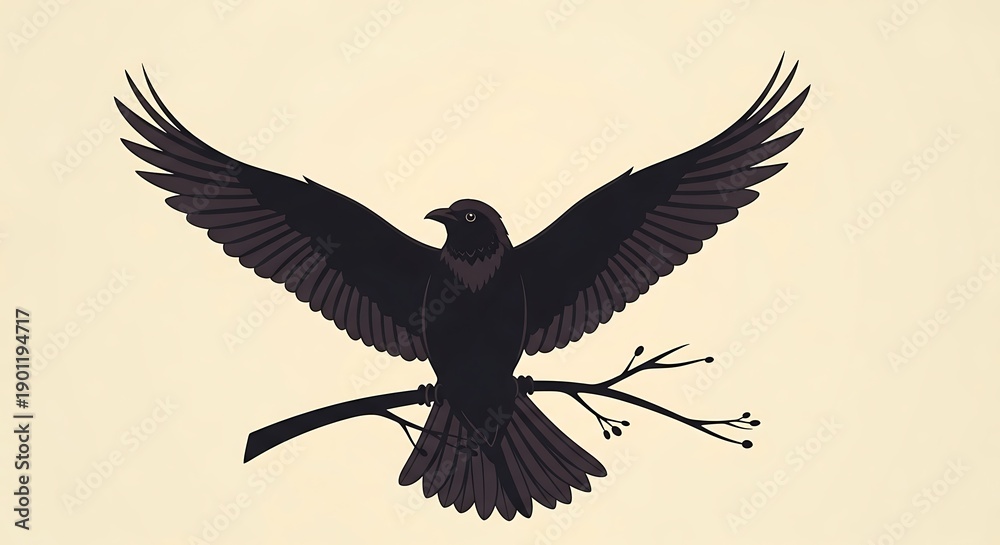 Fototapeta premium Black Bird Spreading Wings on Branch