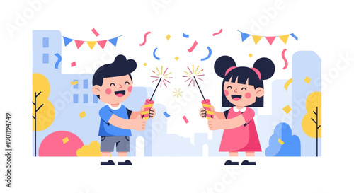 This playful flat design illustration shows two joyful children safely participating in the Las Fallas festival, holding small firecrackers or sparklers with anticipation. 