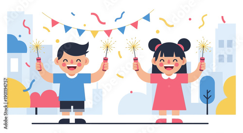 This playful flat design illustration shows two joyful children safely participating in the Las Fallas festival, holding small firecrackers or sparklers with anticipation. 