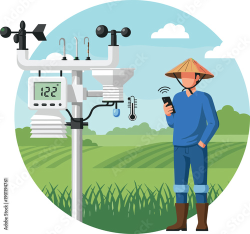 Smart agriculture weather monitoring illustration, farmer using mobile phone with IoT weather station sensors, precision farming technology flat vector