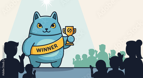 A captivating flat design illustration featuring an award-winning Ninot sculpture, standing out with its unique design and a symbolic "winner" icon during the Las Fallas festival. 
