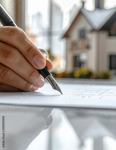 Close Up Hand Signing Document With Pen In Front of Miniature House Model Indoors With Soft Natural Light