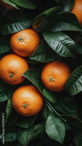 Fresh oranges and green leaves placed together in simple arrangement on flat surface