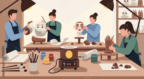 A compelling flat design illustration showcasing the intricate process of crafting a Ninot inside a "Faller workshop" for the Las Fallas festival.