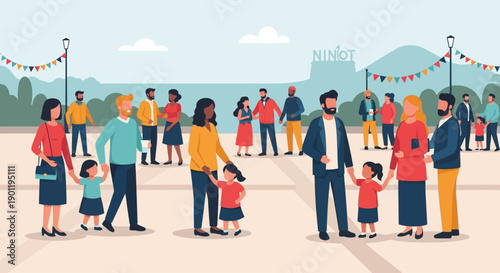 This heartwarming flat design illustration depicts a diverse community gathering in a Valencia plaza, celebrating the Las Fallas festival with joy and camaraderie. 