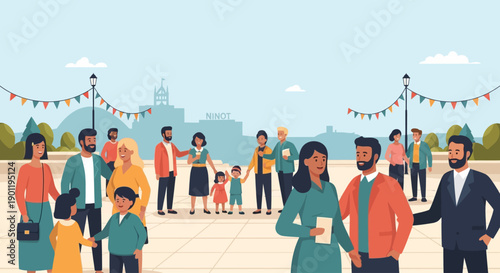 This heartwarming flat design illustration depicts a diverse community gathering in a Valencia plaza, celebrating the Las Fallas festival with joy and camaraderie. 