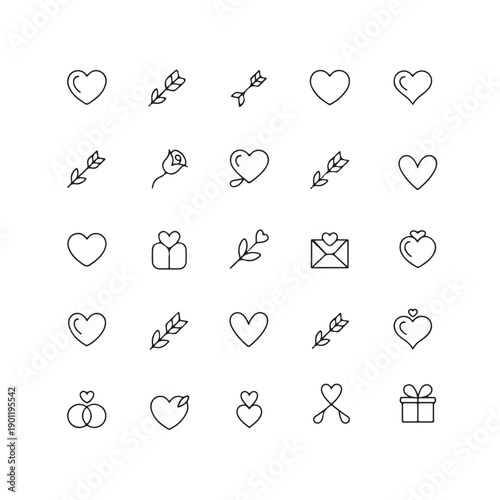 Vector set of heart icons representing love, medical symbols, and web design elements