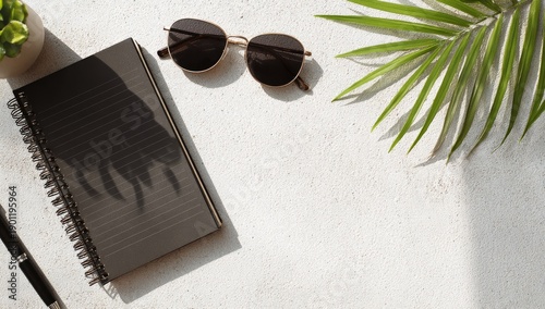 Overhead shot of a workspace featuring sunglasses, notebook, pen, plant, and palm frond