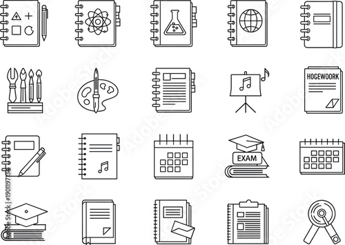 Black and white line art icons of notebooks homework assignments and graduation caps for academic and education concepts।