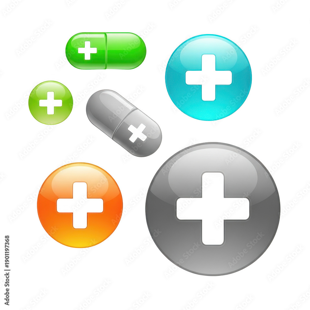 Obraz premium Plus sign icons in various colors isolated on transparent background