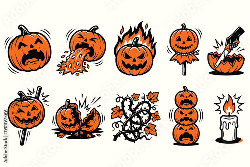 Spooky Pumpkin Horror Collection Halloween Cartoon Vector Set