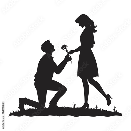 Silhouette of Man Proposing to Woman with Engagement Ring, Marriage Proposal Scene with Romantic Gesture Design