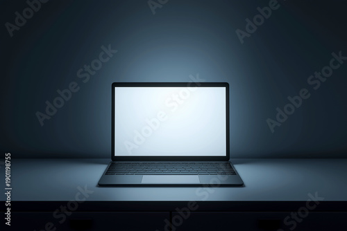 Laptop on desk with glowing white screen in dark room