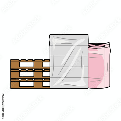 Flat vector illustration of warehouse construction materials such as stacked pallets and wrapped goods,