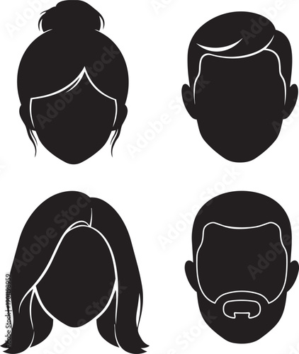 Silhouettes of diverse individuals showcasing various hairstyles and facial features from behind and front viewpoints
