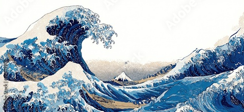 A stylized Japanese woodblock print depicts a large, curling wave and distant mountain