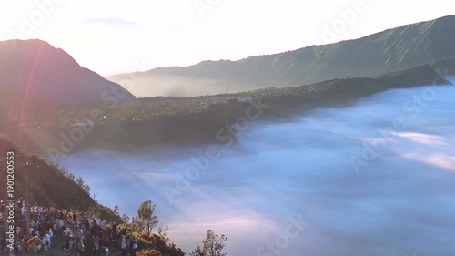 Scenic of Mount Bromo and Mount Semeru at sunrise in the Bromo Tengger Semeru National Park