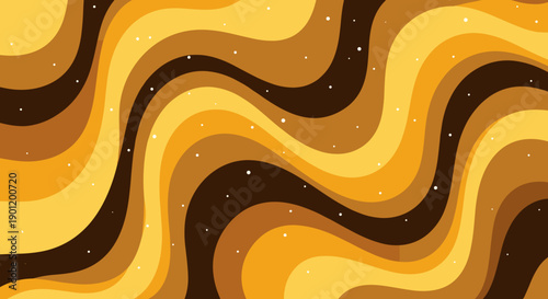 Groovy 1970s psychedelic wavy pattern with warm earthy brown and golden yellow hues featuring a retro abstract organic flow and scattered small white