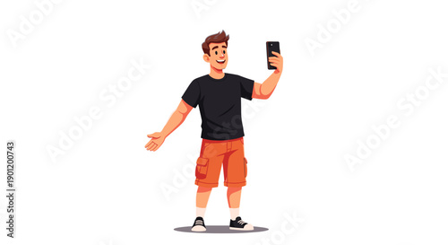 Young man with brown hair wearing a black t shirt and orange shorts holding a smartphone to take a selfie smiling and posing with one arm outstretched